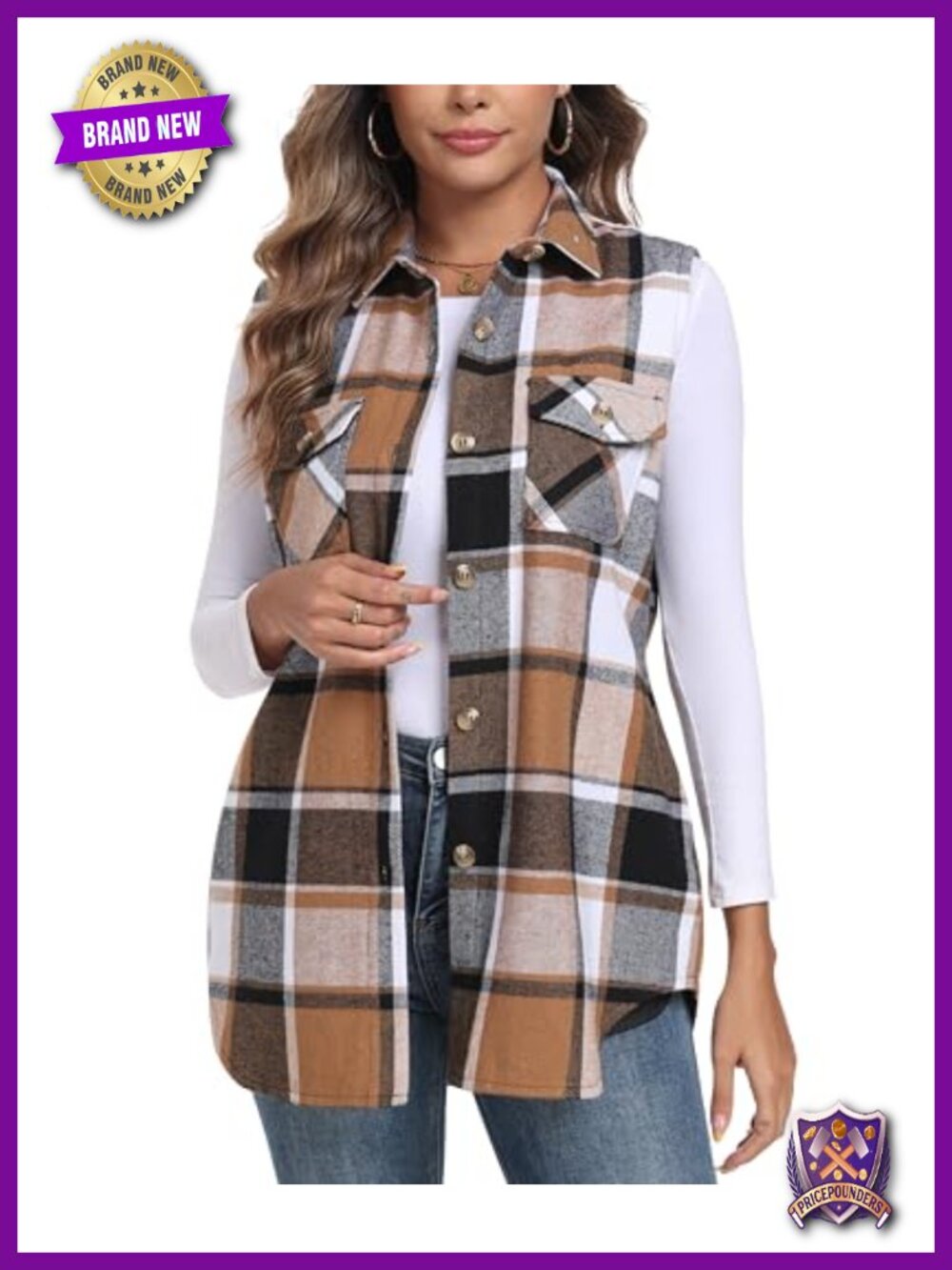 Women's Long Flannel Plaid Sleeveless Vest Shacket with Pockets